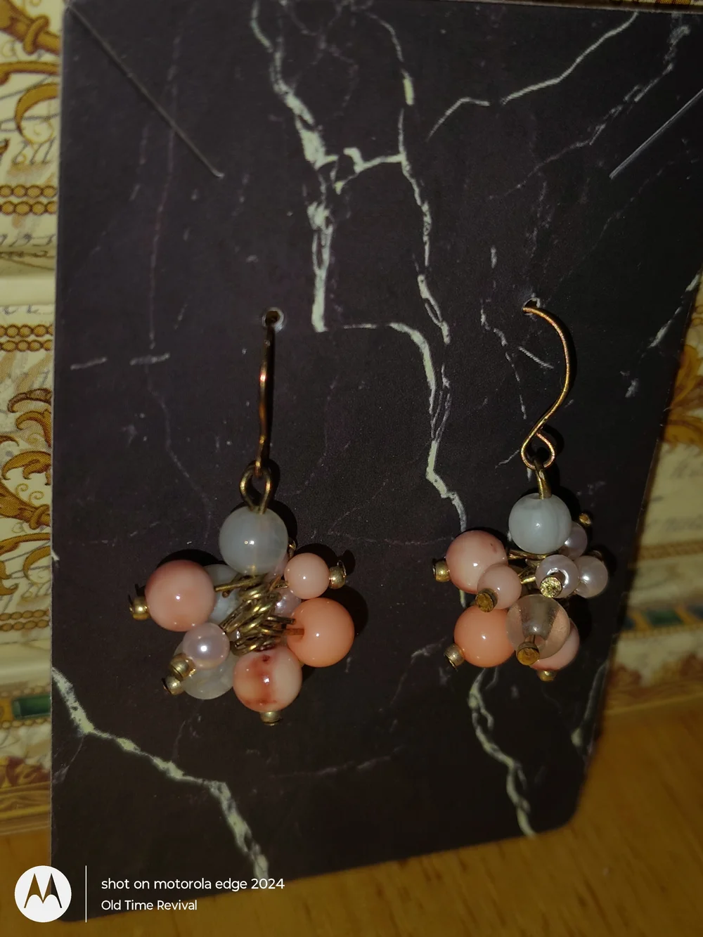 Cluster Bead Dangle Drop Earrings Peach White Gold Tone Boho Whimsigoth Vintage